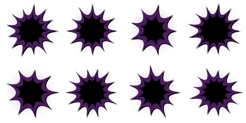 Purple Comic Book Explosion Bubbles, Superhero Action Speech Clouds, Retro Pop Art Elements © SimpleDesignStudio