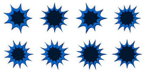 Blue Comic Book Explosion Bubbles, Superhero Action Speech Clouds, Retro Pop Art Elements © SimpleDesignStudio