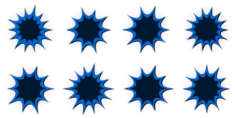 Set of blue retro superhero comic book action burst speech bubbles with halftone dots for pop art design © SimpleDesignStudio