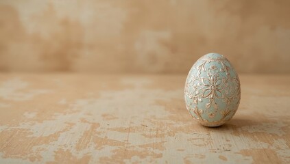A singular egg rests on a textured surface, showcasing a speckled design, conveying simplicity and freshness