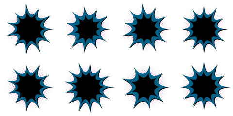 Dark Blue Comic Book Explosion Bubbles, Retro Superhero Action Speech Clouds Set © SimpleDesignStudio