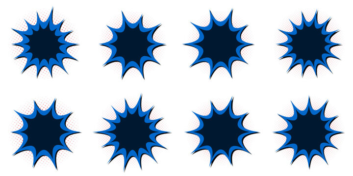 Set of blue retro superhero comic book action burst speech bubbles with halftone dots for pop art design