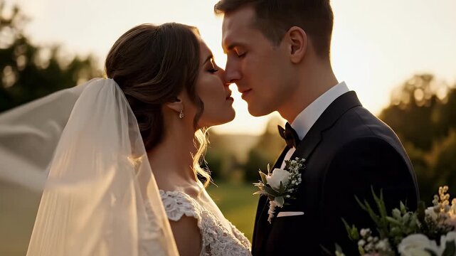 Beautiful bridal couple embracing outdoors for marriage commitment vow with glowing sunset backlight