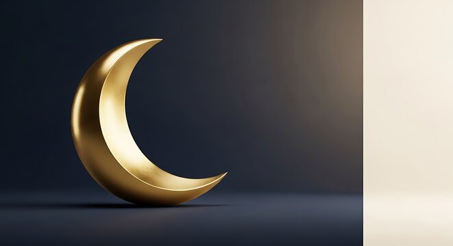 Golden crescent moon sculpture on dark background with spotlight