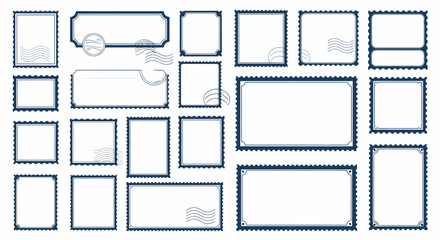 Fototapeta premium Collection of Vintage Postage Stamp Templates with Decorative Borders and Mail Icons