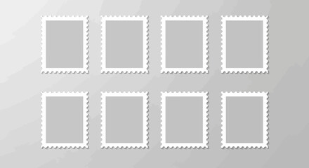 Grid of Empty Postage Stamp Frames with Perforated Edges on Gray Background
