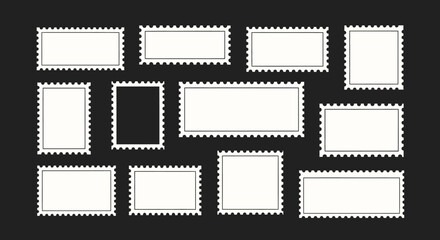 Collection of Blank Perforated Postage Stamp Icons on a Dark Background