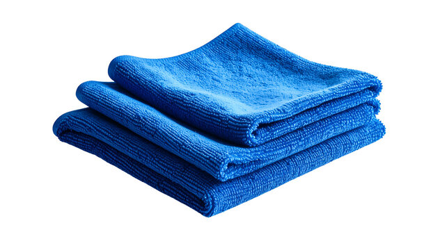 Stack of three folded, vibrant blue microfiber cloths on black