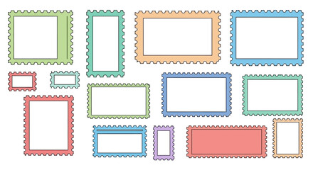 Collection of colorful postage stamp frames with perforated edges on white background