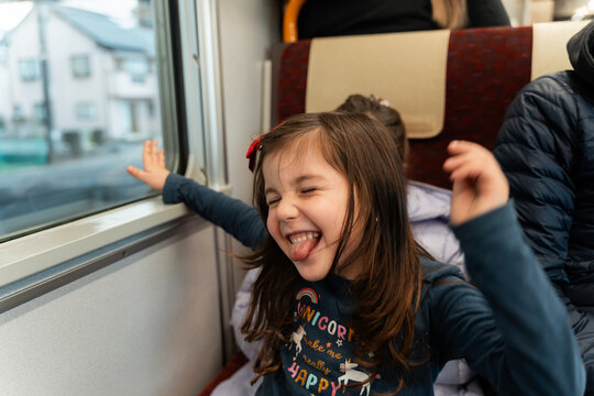 Blurred happy child, Train Ride travel, Japan