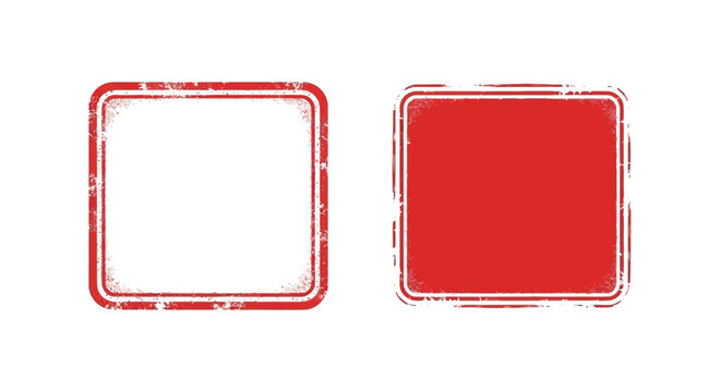 Set of distressed red square stamp templates with rounded corners, isolated on white