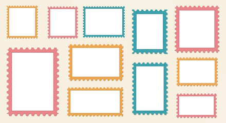 Collection of Blank Postage Stamp Frames with Perforated Edges on Light Background