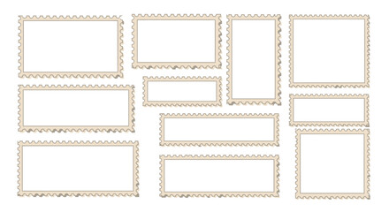 Fototapeta premium Collection of Blank Postage Stamp Frames with Perforated Edges on White Background