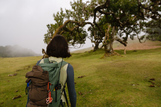Happy exited Girl in forest. Portugal nature in fanal forest.