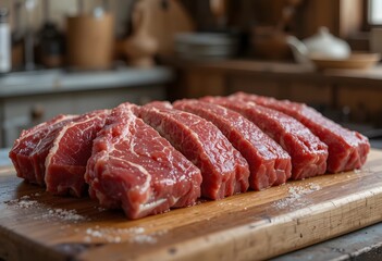 Thickly sliced raw beef steak on a wooden cutting board with salt sprinkled. raw short ribs