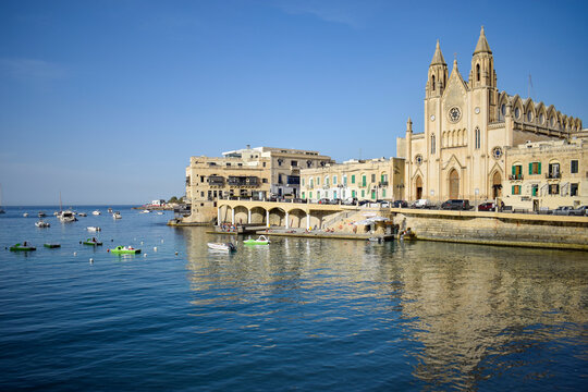 Balluta Bay Reflections &mdash; Carmelite Church and Waterfront, St. Julian&rsquo;s, Malta