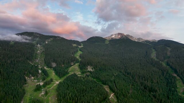 Sunset Aerial Flyaway Over Whistler Creekside and Mount Sproatt, British Columbia
