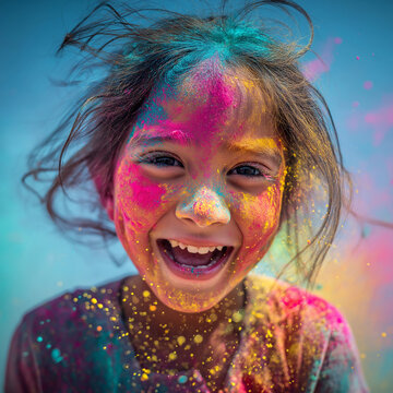 Joyful Girl Playing with Colorful Powder During Indian Holi Festival, ai generated