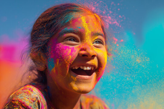 Joyful Girl Playing with Colorful Powder During Indian Holi Festival, ai generated