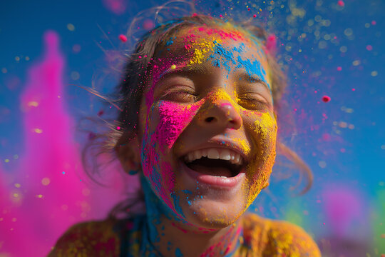 Joyful Girl Playing with Colorful Powder During Indian Holi Festival, ai generated
