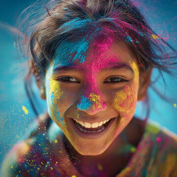 Joyful Girl Playing with Colorful Powder During Indian Holi Festival, ai generated