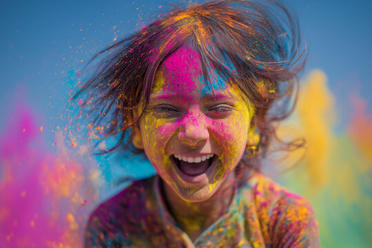 Joyful Girl Playing with Colorful Powder During Indian Holi Festival, ai generated
