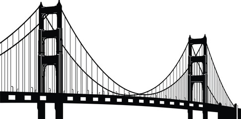 Obraz premium Black silhouette suspension bridge vector illustration, iconic city landmark architecture with cables and towers, urban transportation infrastructure isolated on white background