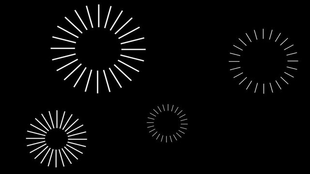 Animated white radiating line circles on black background. Four abstract circular burst elements with light rays moving outwards, forming a dynamic graphic loop. explosion busrts