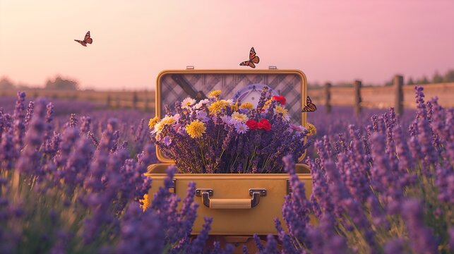 A yellow suitcase overflowing with vibrant flowers in a lavender field, with butterflies flitting about, evoking a sense of travel and tranquility. 