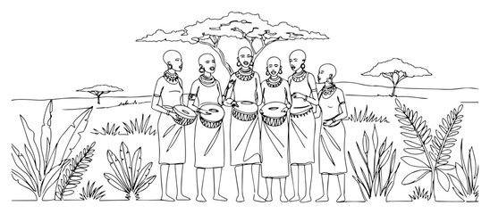 Obraz premium African women tribe playing drums in savanna landscape with acacia trees line art