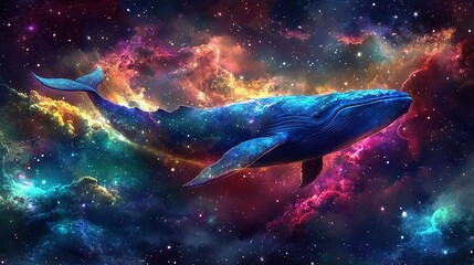 Fototapeta premium Whale of Cosmos: A breathtaking cosmic artwork depicts a whale swimming gracefully through a nebula of vibrant colors and celestial wonders, capturing the mysteries and grandeur of the universe. 