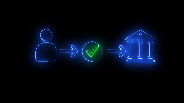 Neon signs of a person with arrows pointing to a verified check mark and a bank building on a black background representing online banking and verification