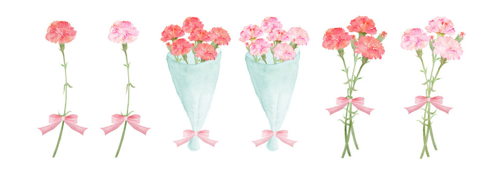 Watercolor carnation flower bouquets and single stems set, floral gift elements for Mother's Day and celebrations-300dpi-