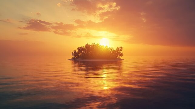 Island Sunset Serenity: An idyllic tropical island, bathed in the warm, golden hues of a breathtaking sunset, floats serenely on the tranquil ocean. The scene evokes a sense of peace and paradise.