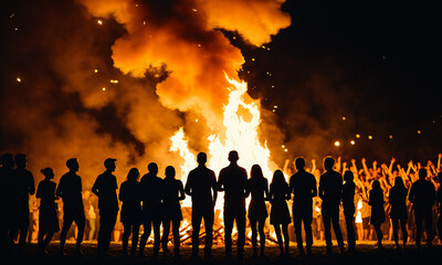 many people standing in a line watching a spectacular bonfire burn at night with intense orange light and smoke plumes billowing into the darkness.