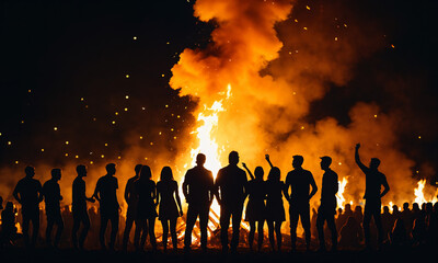 group of friends and families gathered in silhouette to watch a big ceremonial bonfire with sparks and smoke rising during an evening outdoor event.