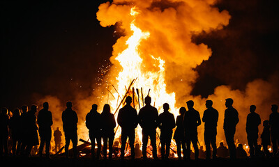 line of silhouetted people observing a giant roaring bonfire at night with sparks flying and bright light illuminating the gathering in an outdoor field.