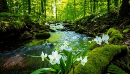 Serene Forest Stream with Wildflowers and Sunlight Filtering Through Trees.