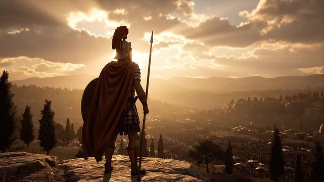 Epic Ancient Greek Warrior Commander Overlooking Vast Army Formation at Sunset
