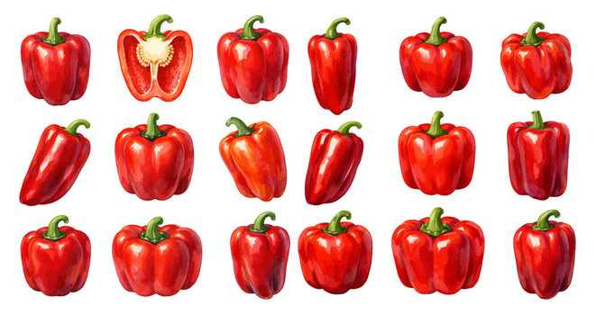 A charming watercolor collection of red bell pepper clipart, including whole peppers, halved cross-sections, glossy surfaces, green stems, and vibrant red tones.