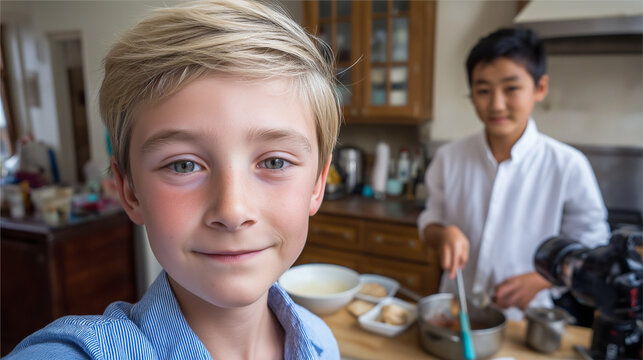 Blonde Boy Taking Selfie in Kitchen While Friend Cooks &mdash; Casual Home Cooking Childhood Moment