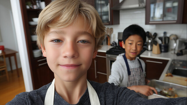 Two Boys Taking a Selfie While Cooking Together in a Modern Home Kitchen