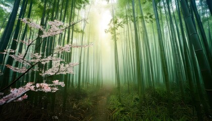 Serene Bamboo Forest Path with Sunlight and Cherry Blossoms.