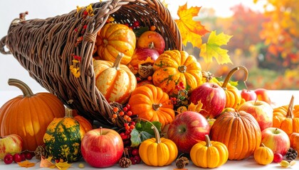 Abundant Autumn Harvest - Cornucopia Overflowing with Pumpkins and Apples.