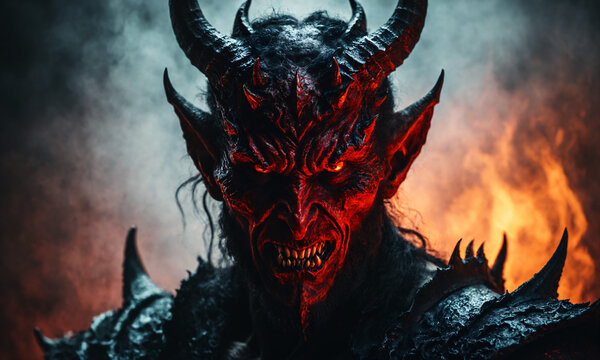 close up of a terrifying red demon character with large horns and glowing eyes baring teeth in a hellish landscape with smoke and fire.
