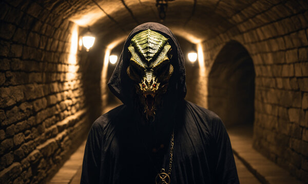 humanoid skinwalker with a green reptile head and hooded cloak standing in a brick underground catacomb passage during a satanic ritual.