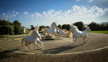 Majestic White Horses Galloping Freely in a Circular Enclosure.