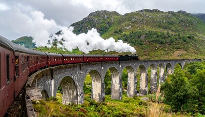 Scenic view of the Jacobite steam train crossing Glenfinnan Viaduct.