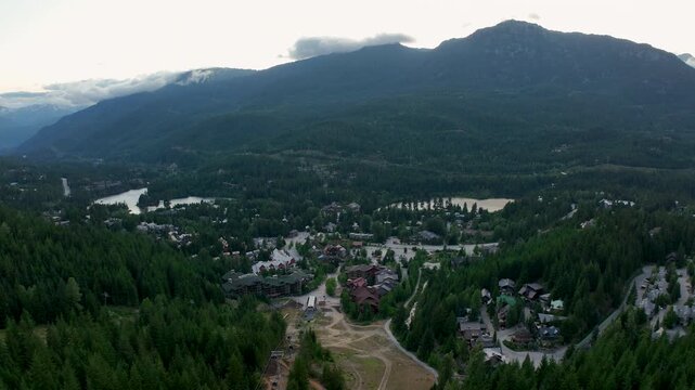 Whistler Creekside Aerial in Summer with Coast Mountains and Alpine Village