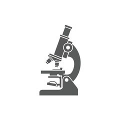 Monochrome vector icon of a scientific laboratory microscope, representing research, biology, education, and detailed observation; a universal symbol for scientific exploration and discovery